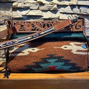 Saddle blanket purse Hand tooled leather Long strap Artisan crafted New